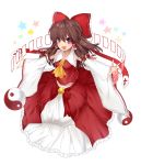  :d ascot bare_shoulders brown_hair detached_sleeves hair_tubes hakurei_reimu long_hair mi_(liki1020) open_mouth outstretched_arms red_eyes smile solo star touhou yin_yang 