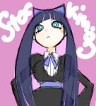  1girl blue_eyes bow drawr frown gothic_lolita hair_bow hands_on_hips lolita_fashion long_hair multicolored_hair official_style panty_&amp;_stocking_with_garterbelt solo stocking_(psg) two-tone_hair 