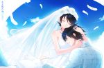  1girl bare_shoulders black_hair closed_eyes cloud clouds dress eyes_closed feathers fuura_kafuka glasses hug itoshiki_nozomu japanese_clothes kimono milcho sayonara_zetsubou_sensei short_hair sky spoilers veil wedding_dress 