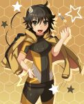  araragi_karen bike_shorts black_eyes black_hair blush fried_egg hair_ornament jacket key monogatari_(series) nisemonogatari short_hair short_sleeves solo star tongue yato 