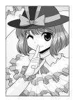  bow capelet hat hat_bow mono_(moiky) monochrome nagae_iku shawl short_hair smile solo touhou wink 