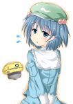  arms_behind_back blue_eyes blue_hair blush flubber flying_sweatdrops hair_bobbles hair_ornament hat highres kawashiro_nitori long_sleeves nowheresoul open_mouth short_hair solo touhou turning twintails weebo 