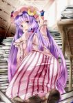  ass blush book bookshelf boots capelet crescent cross-laced_footwear from_behind hat indoors kneeling lace-up_boots library long_hair looking_back open_mouth patchouli_knowledge purple_eyes purple_hair solo sugiyuu touhou very_long_hair violet_eyes voile wavy_mouth 
