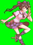 ascot brown_hair cellphone collarbone green_background hat himekaidou_hatate long_hair mono_(moiky) phone pointy_ears pouch puffy_sleeves short_sleeves solo tokin_hat tongue touhou twintails wink 