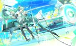  119 1ten aqua_eyes aqua_hair bare_shoulders detached_sleeves dutch_angle hatsune_miku highres instrument long_hair looking_at_viewer microphone necktie open_mouth piano skirt smile solo thigh-highs thighhighs twintails very_long_hair vocaloid zettai_ryouiki 