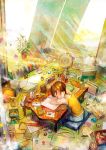  bag ball bandaid blonde_hair book cat closed_eyes digital_clock drinking_glass eraser eyes_closed fan highres messy_room neyagi open_mouth original pencil plant potted_plant short_hair shorts slipping solo star straw sunbeam sunlight table tissue_box 