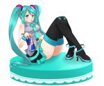  boots energy_drink green_hair hatsune_miku high_heels highres legs long_legs looking_at_viewer nokko red_bull shoes sitting skirt thick_thighs thigh-highs thigh_boots thighhighs thighs vocaloid white_background 