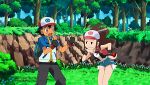  backpack bag brown_hair denim denim_shorts fingerless_gloves forest gloves holding holding_poke_ball long_hair nature noyeshr poke_ball pokemon pokemon_(anime) pokemon_(game) pokemon_bw ponytail satoshi_(pokemon) shorts sweatdrop touko_(pokemon) 