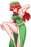  blue_eyes braid breasts chinese_clothes hat hong_meiling long_hair mono_(moiky) open_mouth puffy_sleeves red_hair redhead short_sleeves solo stance star touhou twin_braids 