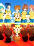  ball blue_hair brown_hair cloud clouds different_reflection fei_rune inazuma_eleven inazuma_eleven_(series) inazuma_eleven_go inazuma_eleven_go_chrono_stone kariya_masaki kirino_ranmaru lightning_bolt matsukaze_tenma multiple_boys pink_hair raimon reflection shindou_takuto soccer_ball soccer_uniform tsurugi_kyousuke yuke_(kotoneyuki) 