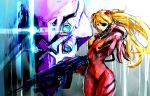  blue_eyes bodysuit eva-02 eyepatch gun long_hair mecha neon_genesis_evangelion orange_hair soryu_asuka_langley souryuu_asuka_langley weapon 