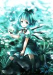  awa_toka bad_id blue_dress blue_eyes blue_hair bow cirno dress frog frozen grin hair_bow ice puffy_sleeves shirt short_hair short_sleeves sitting sitting_on_rock smile solo touhou wings 
