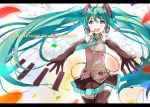  aqua_eyes aqua_hair character_name elbow_gloves gan_(shanimuni) gloves hatsune_miku headset letterboxed long_hair necktie open_mouth outstretched_arms rough skirt solo thigh-highs thighhighs twintails very_long_hair vocaloid 