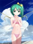  alternate_costume bikini bow breasts cleavage cloud clouds collarbone daiyousei fairy_wings green_eyes green_hair hair_bow navel polka_dot polka_dot_bikini polka_dot_swimsuit short_hair side-tie_bikini side_ponytail sky solo swimsuit touhou tucana wings 