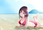  beach bikini blue_eyes breasts brown_hair cleavage looking_at_viewer on_stomach original partially_submerged short_hair smile swimsuit tera_(teraura) 