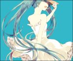  aqua_hair bare_shoulders dress from_behind hat hatsune_miku looking_back open_mouth simple_background smile solo twintails vocaloid white_dress 