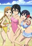  3girls :d absurdres alternate_hairstyle beach bikini black_eyes black_hair blue_bikini blue_eyes bow bracelet braid breasts brown_hair casual_one-piece_swimsuit cleavage cloud clouds d: drink fish_hair_ornament flower frilled_swimsuit frills green_eyes hair_flower hair_ornament halterneck highres inaba_himeko jewelry kiriyama_yui kokoro_connect legs locked_arms long_hair mole multiple_girls nagase_iori navel nyantype ocean official_art one-piece_swimsuit open_mouth pink_swimsuit plaid plaid_bikini sasaki_mutsumi_(bee_train) sky smile straw swimsuit v water yellow_swimsuit 