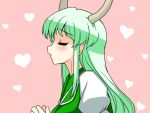  blush closed_eyes ex-keine eyes_closed green_hair hat heart horns kamishirasawa_keine long_hair mono_(moiky) open_mouth puffy_sleeves solo touhou 