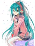  alternate_hairstyle aqua_eyes aqua_hair bow hair_bow hatsune_miku hayama_eishi headphones hoodie long_hair looking_at_viewer open_hoodie ponytail project_diva project_diva_f sitting skirt smile solo thigh-highs thighhighs twintails very_long_hair vocaloid zettai_ryouiki 