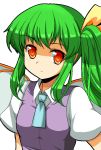  alternate_eye_color daiyousei fairy_wings green_hair m.u.g.e.n mono_(moiky) necktie orange_eyes pointy_ears short_hair short_sleeves side_ponytail simple_background solo touhou white_background wings 