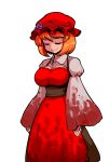  aki_minoriko alternate_hair_color blood bloody_clothes breasts closed_eyes eyes_closed food fruit grapes hat long_sleeves mono_(moiky) orange_hair puffy_sleeves smile solo touhou wide_sleeves 