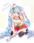  1girl aqua_eyes aqua_hair cake detached_sleeves food food_as_clothes food_themed_clothes happy_birthday hat hathiyuyu hatsune_miku long_hair looking_at_viewer open_mouth salute skirt smile solo thighhighs twintails very_long_hair vocaloid 