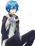  blue_eyes blue_hair digital_media_player glasses hair_ornament hairclip hayama_eishi headphones headphones_around_neck kaito looking_at_viewer male project_diva project_diva_f short_hair smile solo vocaloid 