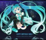  aqua_eyes aqua_hair bad_id bare_shoulders detached_sleeves floating_hair happy_birthday hatsune_miku long_hair looking_at_viewer necktie open_mouth skirt smile solo thigh-highs thighhighs twintails v very_long_hair vocaloid 
