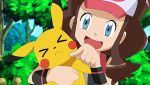  &gt;_&lt; 1girl baseball_cap blue_eyes brown_hair closed_eyes hat noyeshr pikachu pokemon pokemon_(anime) pokemon_(creature) pokemon_(game) pokemon_bw sweatdrop touko_(pokemon) 