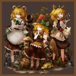  :&lt; ahoge animal_ears apple apron bakedanuki_(touhou) basket blonde_hair bottle bow braid brown_dress bug candy_jar closed_eyes coin cosplay crossed_arms dress eyes_closed fang flower food fox fox_ears fox_tail frame fruit futatsuiwa_mamizou green_eyes hair_bow hat hat_ribbon insect juliet_sleeves kirisame_marisa kirisame_marisa_(cosplay) leaf leaf_on_head long_sleeves multiple_girls mushroom no_hat no_headwear notepad open_mouth puffy_sleeves raccoon raccoon_ears raccoon_tail ribbon sake_bottle shirt short_hair sitting smile snail standing star tail tanuki throwing touhou tsuchinoko uma_(shirokirin) waist_apron wink witch_hat yellow_eyes youkai_fox_(touhou) 