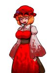  :d ^_^ aki_minoriko alternate_hair_color breasts closed_eyes eyes_closed fang fangs food fruit grapes hat long_sleeves mono_(moiky) open_mouth orange_hair puffy_sleeves smile solo touhou wide_sleeves 