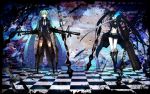  bikini_top black_hair black_rock_shooter blue_eyes blue_hair gun hatsune_miku kuroi_mato sword vocaloid weapon 