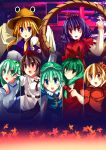  aki_shizuha belt blonde_hair blue_eyes blue_hair blush bow brown_hair detached_sleeves eyes frog_hair_ornament front_ponytail green_eyes green_hair hair_bobbles hair_bow hair_ornament hat kagiyama_hina kawashiro_nitori key kochiya_sanae leaf long_sleeves maple_leaf moriya_suwako mountain_of_faith multiple_girls open_mouth puffy_sleeves red_eyes rei-ru shameimaru_aya shimenawa short_sleeves snake_hair_ornament tokin_hat touhou wide_sleeves yasaka_kanako yellow_eyes 