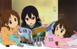  3girls barefoot black_hair book brown_eyes brown_hair car hirasawa_ui jpeg_artifacts k-on! long_hair nakano_azusa red_eyes short_hair suzuki_jun violet_eyes 