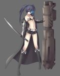  bikini_top black_hair black_rock_shooter black_rock_shooter_(character) blue_eyes boots cannon gloves glowing glowing_eyes grey_background highres lauqe long_hair midriff navel reverse_grip scar simple_background solo sword twintails weapon 