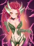  blush breasts cleavage dying0414 earrings extra_ears heart jewelry large_breasts leaf league_of_legends long_hair monster_girl navel orange_eyes raised_finger red_hair redhead signature smile solo thorns vines zyra 
