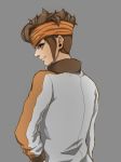  adult brown_hair endou_mamoru from_behind haidband headband inazuma_eleven inazuma_eleven_(series) inazuma_eleven_go jrss looking_back male male_only short_hair simple_background solo 