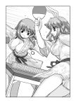  alternate_costume animal_ears breasts bunny_ears bursting_breasts cleavage collarbone frog_hair_ornament hair_ornament japanese_clothes kochiya_sanae large_breasts long_sleeves mono_(moiky) monochrome multiple_girls open_mouth rabbit_ears reisen_udongein_inaba snake_hair_ornament sweatdrop table table_tennis touhou wide_sleeves 