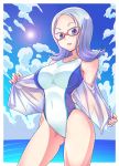  atago_kinue blue_eyes blue_hair breasts cloud clouds competition_swimsuit e20 glasses lavender_hair looking_at_viewer ocean one-piece_swimsuit purple_eyes red-framed_glasses saki short_hair sky solo sun swimsuit violet_eyes 