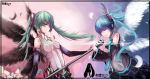  aqua_eyes aqua_hair boqboq center_opening closed_eyes dual_persona elbow_gloves eyes_closed feathers gloves green_hair hatsune_miku hatsune_miku_(append) highres long_hair microphone miku_append multiple_girls necktie open_mouth singing smile twintails very_long_hair vocaloid vocaloid_append wings 