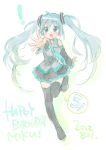  5 aqua_eyes aqua_hair black_legwear blush detached_sleeves ech happy_birthday hatsune_miku highres long_hair necktie number open_mouth outstretched_arm outstretched_hand rough running shirt skirt solo thigh-highs thighhighs twintails vocaloid zettai_ryouiki 