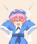  blue_dress blush child closed_eyes dress eyes_closed hat kokujuuji long_sleeves open_mouth outstretched_arms oversized_clothes pink_hair saigyouji_yuyuko sash short_hair smile solo touhou triangular_headpiece young 