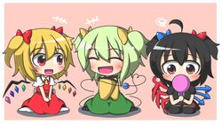  ahoge alternate_hairstyle ascot asymmetrical_wings black_dress black_legwear blonde_hair blush bow chibi closed_eyes dress eyes_closed fang feiton flandre_scarlet green_hair hair_bow hand_mirror highres houjuu_nue komeiji_koishi mirror multiple_girls no_hat no_headwear open_mouth red_eyes shirt short_hair short_twintails sitting skirt skirt_set smile squiggle thigh-highs thighhighs third_eye touhou twintails v_arms wariza wings zettai_ryouiki 