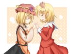  aki_minoriko aki_shizuha blonde_hair blush closed_eyes eyes_closed food fruit grapes hair_ornament hand_holding hat holding_hands leaf long_sleeves maple_leaf multiple_girls nowheresoul open_mouth short_hair siblings sisters touhou wide_sleeves 