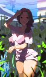  bra brown_hair dark ekao flower hose hot idolmaster idolmaster_cinderella_girls kawashima_mizuki morning_glory parted_lips see-through shade shirt solo sweat sweating underwear water wiping_sweat 