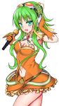  ayahira gloves goggles goggles_on_head green_eyes green_hair gumi hand_on_headphones headphones highres long_hair looking_at_viewer microphone navel open_mouth simple_background skirt solo vocaloid 