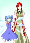  &#9320; ? blue_eyes blue_hair blush bow bowtie braid china_dress chinese_clothes cirno closed_eyes eyes_closed hair_bow hand_on_hip highres hong_meiling ice ice_wings long_hair multiple_girls niwatazumi no_hat no_headwear red_hair redhead rough short_hair side_slit sketch smile touhou twin_braids v very_long_hair vest wings ã¢â€˜â¨ â‘¨ 