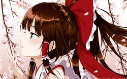  1girl brown_eyes brown_hair close female hakurei_reimu japanese_clothes ke-ta long_hair miko petals solo source_request touhou vector watermark 