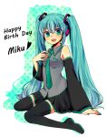  aqua_hair boots character_name detached_sleeves green_eyes hami_(etn1129) hand_on_own_chest happy_birthday hatsune_miku long_hair necktie sitting skirt solo thigh-highs thigh_boots thighhighs twintails very_long_hair vocaloid wariza 