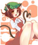  animal_ears blush brown_eyes brown_hair cat_ears cat_tail chen hat looking_at_viewer mouse_nose multiple_tails outline short_hair snowcanvas solo tail touhou 